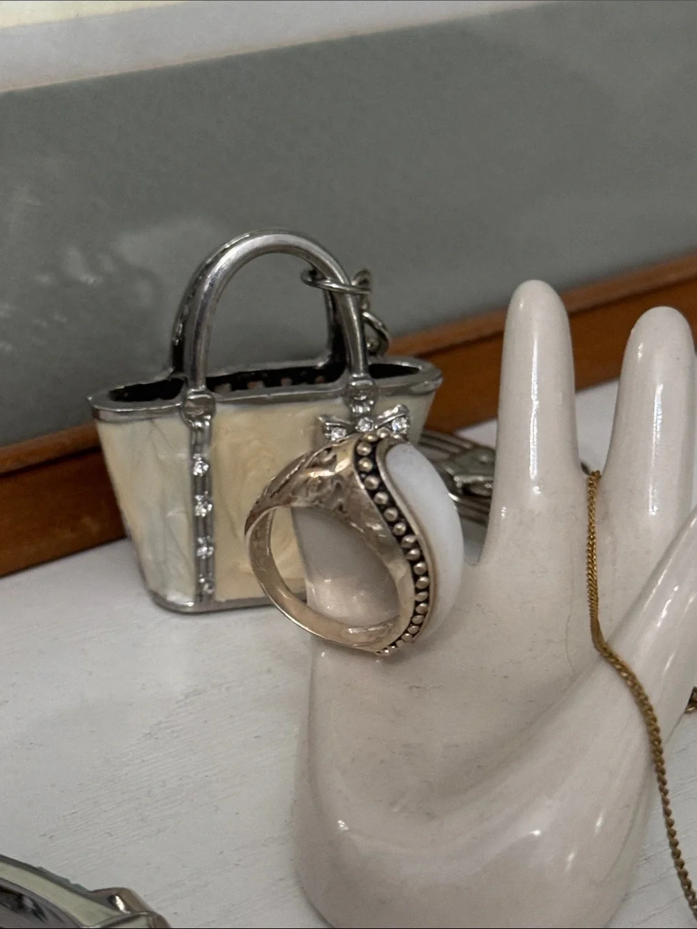 Sterling Silver Ring with White Center Stone and Beaded Edge
